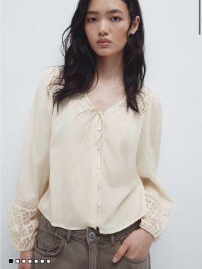Cream Lace-Trim Button Front Boho Peasant Blouse